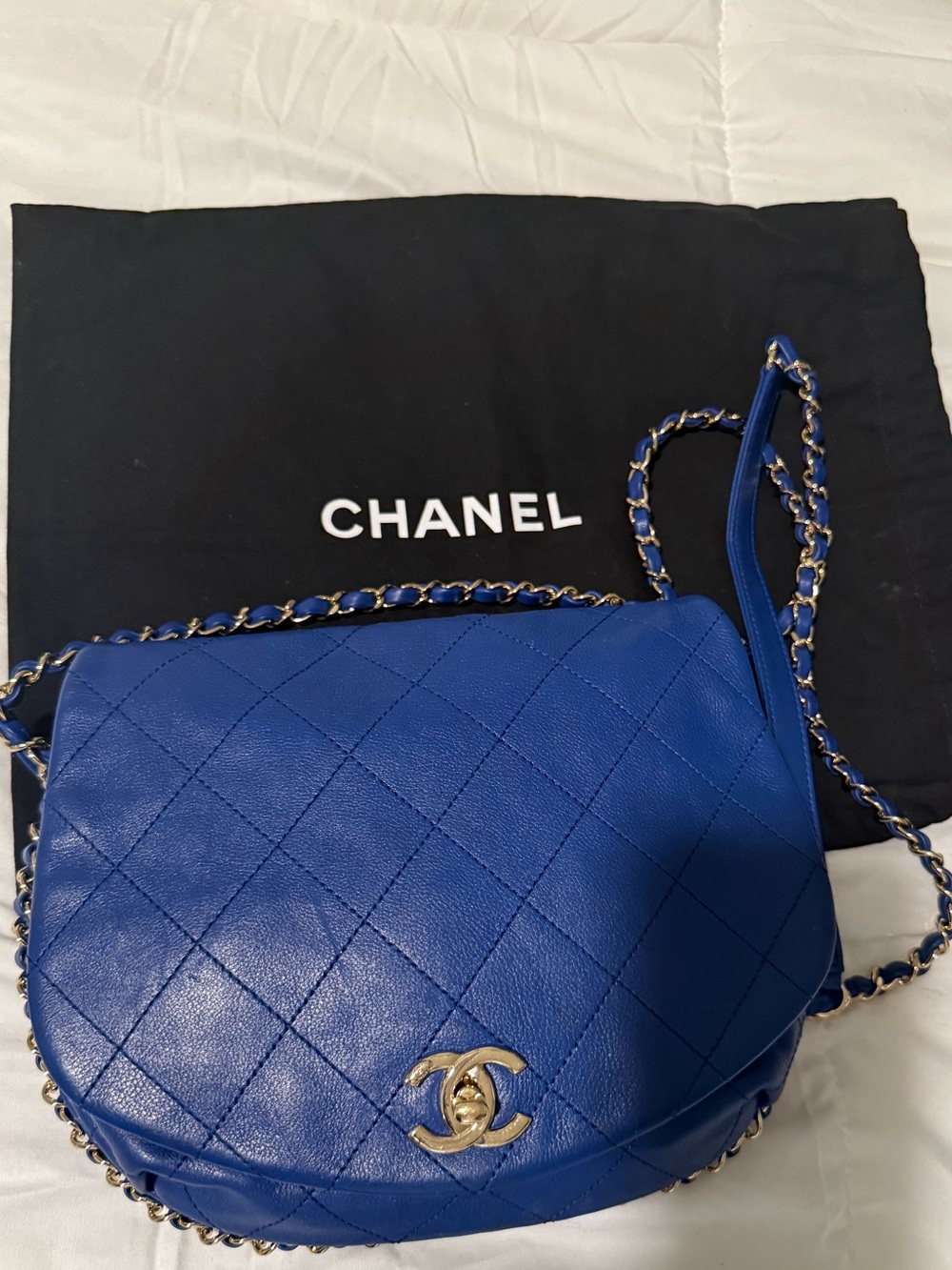 CHANEL Royal Blue Quilted Leather Crossbody Bag with Gold-Tone CC